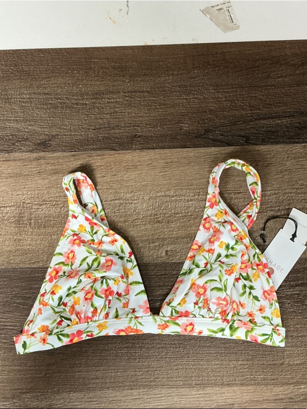 Shade & Shore Floral Triangle Bikini Top in White, Pink & Green